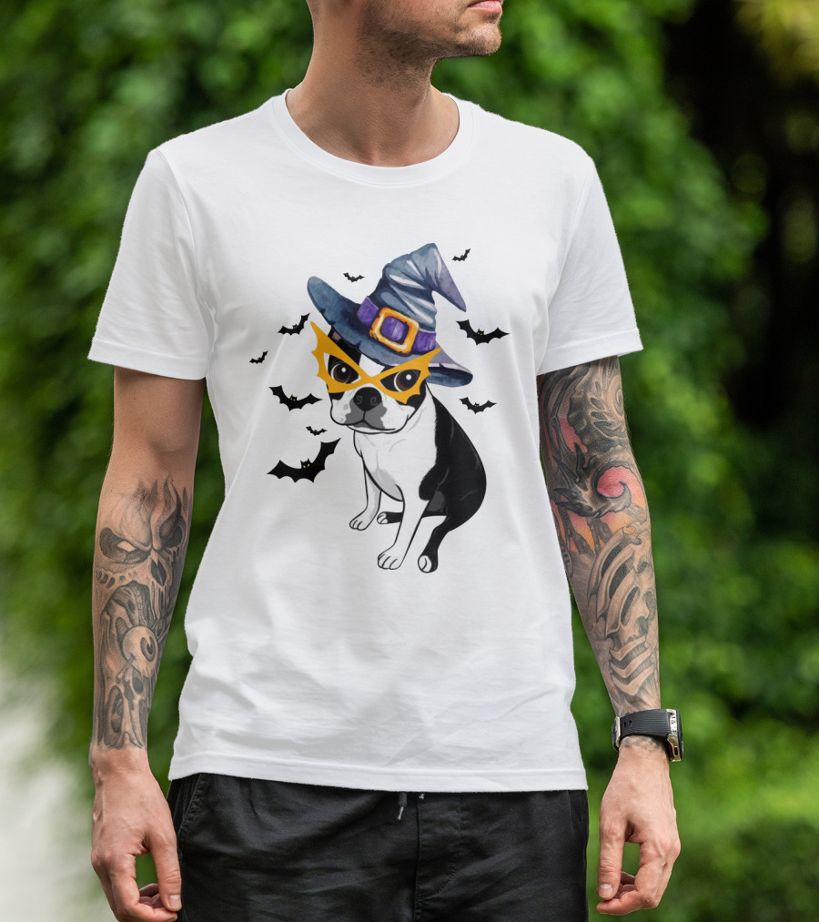 Boston Terrier Wears Witch Hat And Mask With Bats T-Shirt