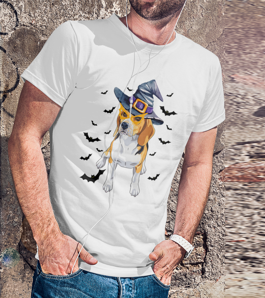 Beagle Wears Halloween Witch Hat Surrounded By Flying Bats T-Shirt