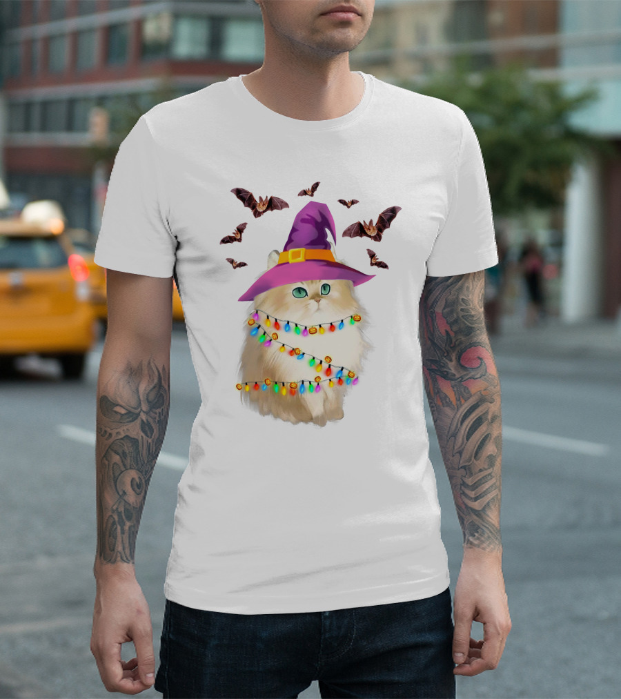 Fluffy Cat In Witch Hat With Halloween Bats And Colorful Christmas Lights T-Shirt
