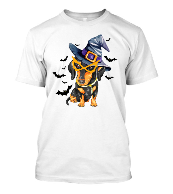 Dachshund Wears Witch Hat And Glasses Surrounded By Bats T-Shirt