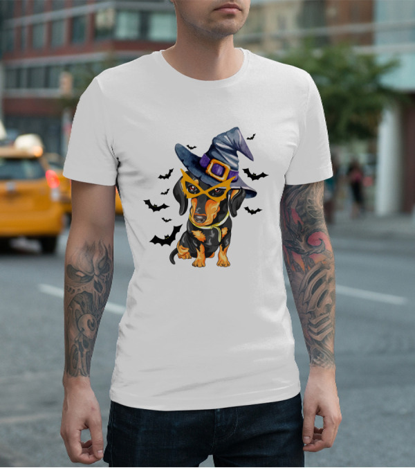 Dachshund Wears Witch Hat And Glasses Surrounded By Bats T-Shirt