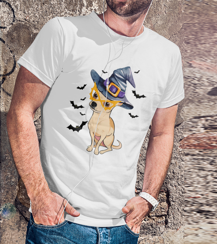 Chihuahua In Witch Hat With Halloween Bats T-Shirt