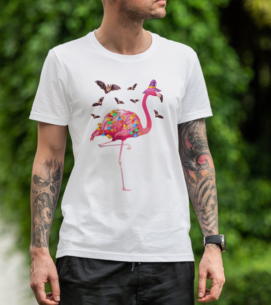 Flamingo In Witch Hat With Halloween Bats And Colorful Lights T-Shirt