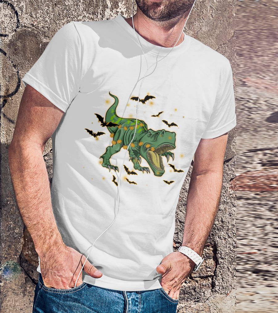 Halloween Saurus Dinosaur With Pumpkin Lights And Flying Bats T-Shirt