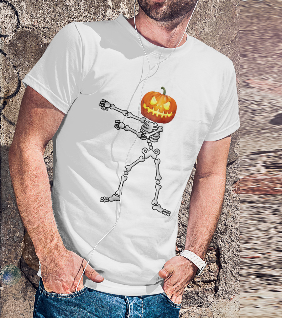 Dabbing Skeleton Pumpkin Head Halloween Dance T-Shirt