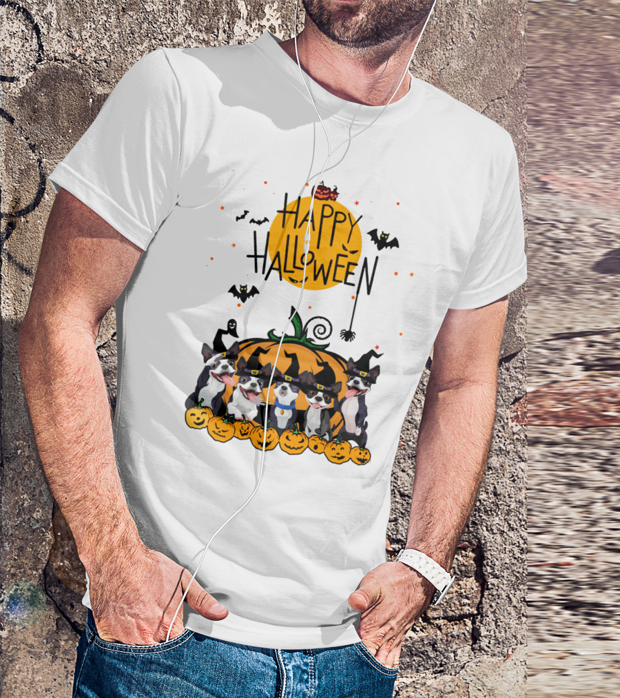 Happy Halloween Boston Terrier Pumpkin Bat T-Shirt