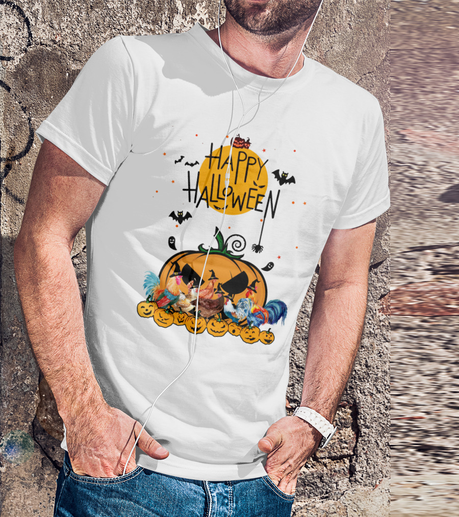 Happy Halloween Chickens With Spooky Pumpkin And Bats T-Shirt