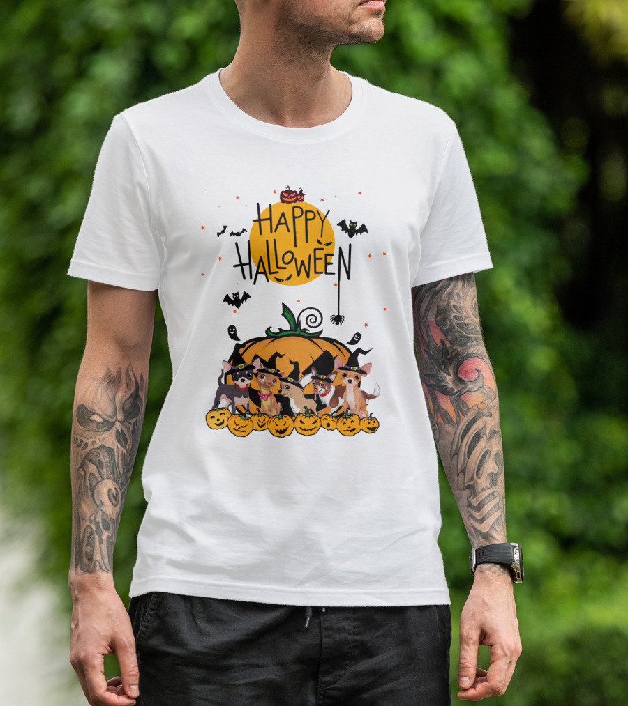 Happy Halloween Chihuahua Witch Pack With Pumpkins And Bats T-Shirt
