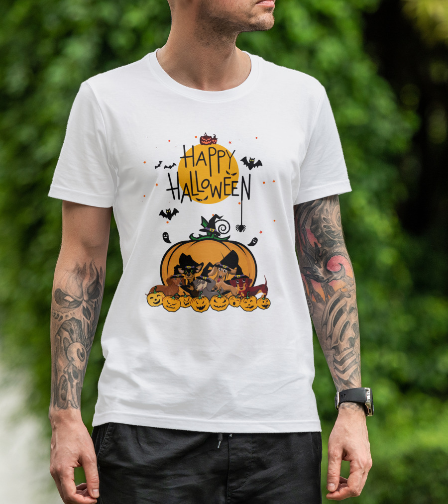 Happy Halloween Dachshunds With Witch Hats And Pumpkins T-Shirt