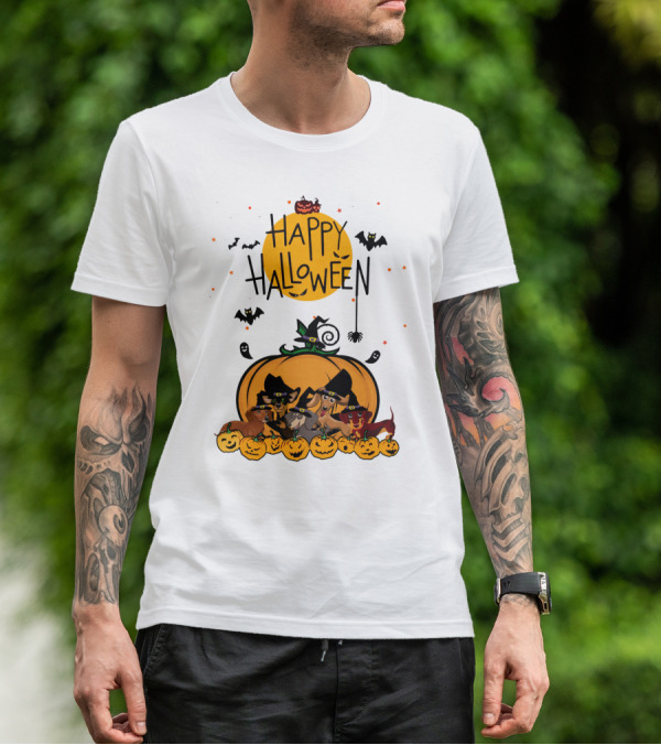 Happy Halloween Dachshunds With Witch Hats And Pumpkins T-Shirt