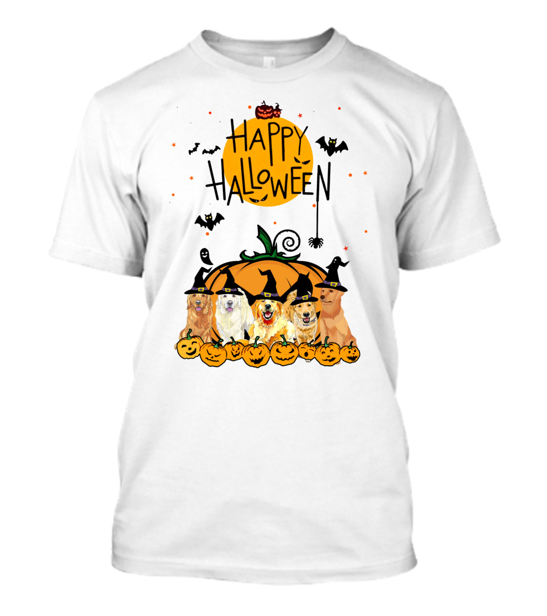 Happy Halloween Golden Retrievers In Witch Hats With Pumpkins T-Shirt