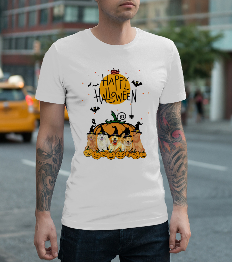 Happy Halloween Golden Retrievers in Witch Hats with Pumpkins T-Shirt
