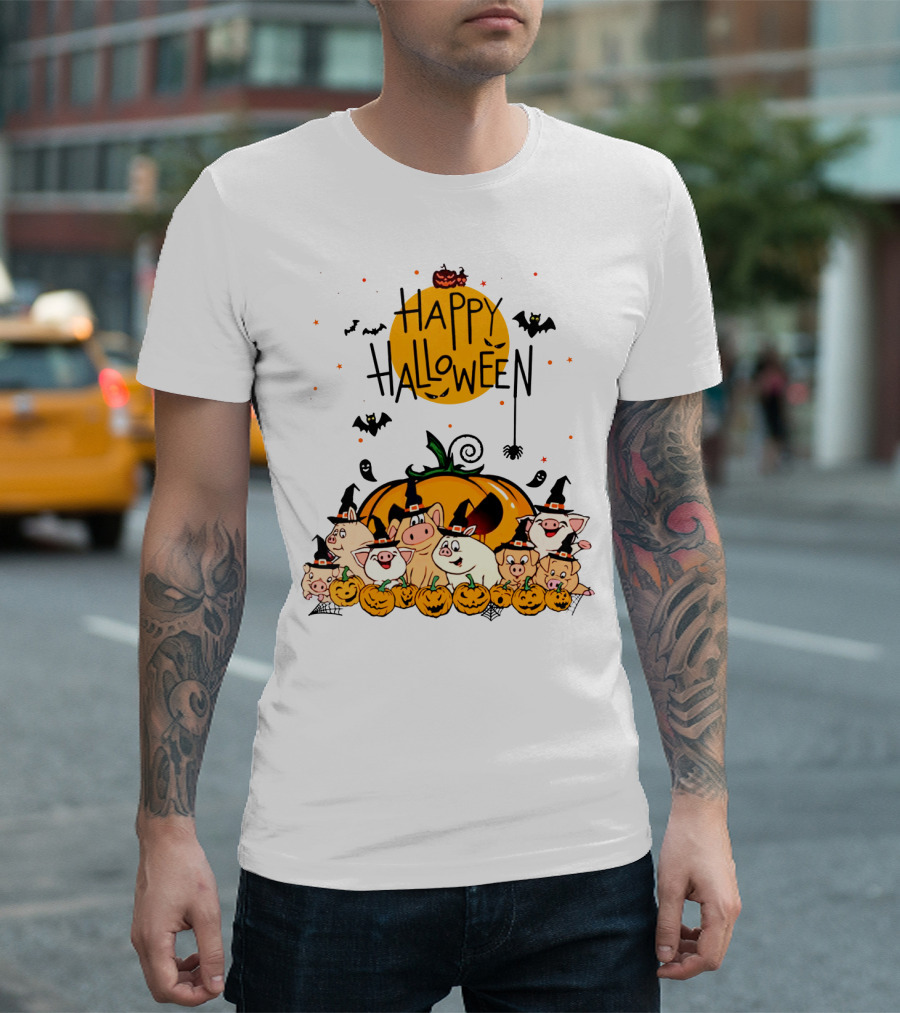 Happy Halloween Pig Pals With Pumpkins And Bats T-Shirt