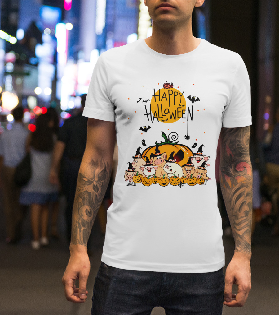 Happy Halloween Pig Pals With Pumpkins And Bats T-Shirt