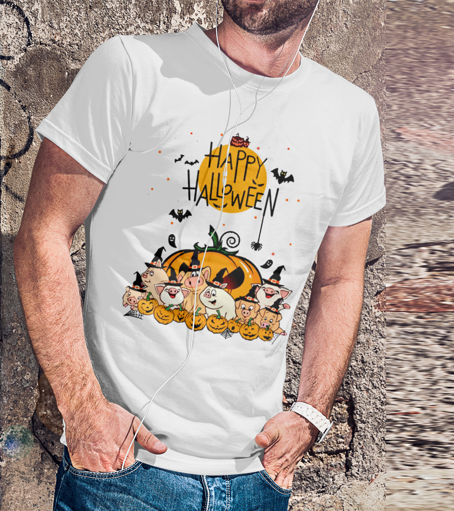 Happy Halloween Pig Pals With Pumpkins And Bats T-Shirt