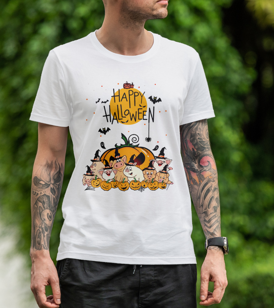 Happy Halloween Pig Pals With Pumpkins And Bats T-Shirt