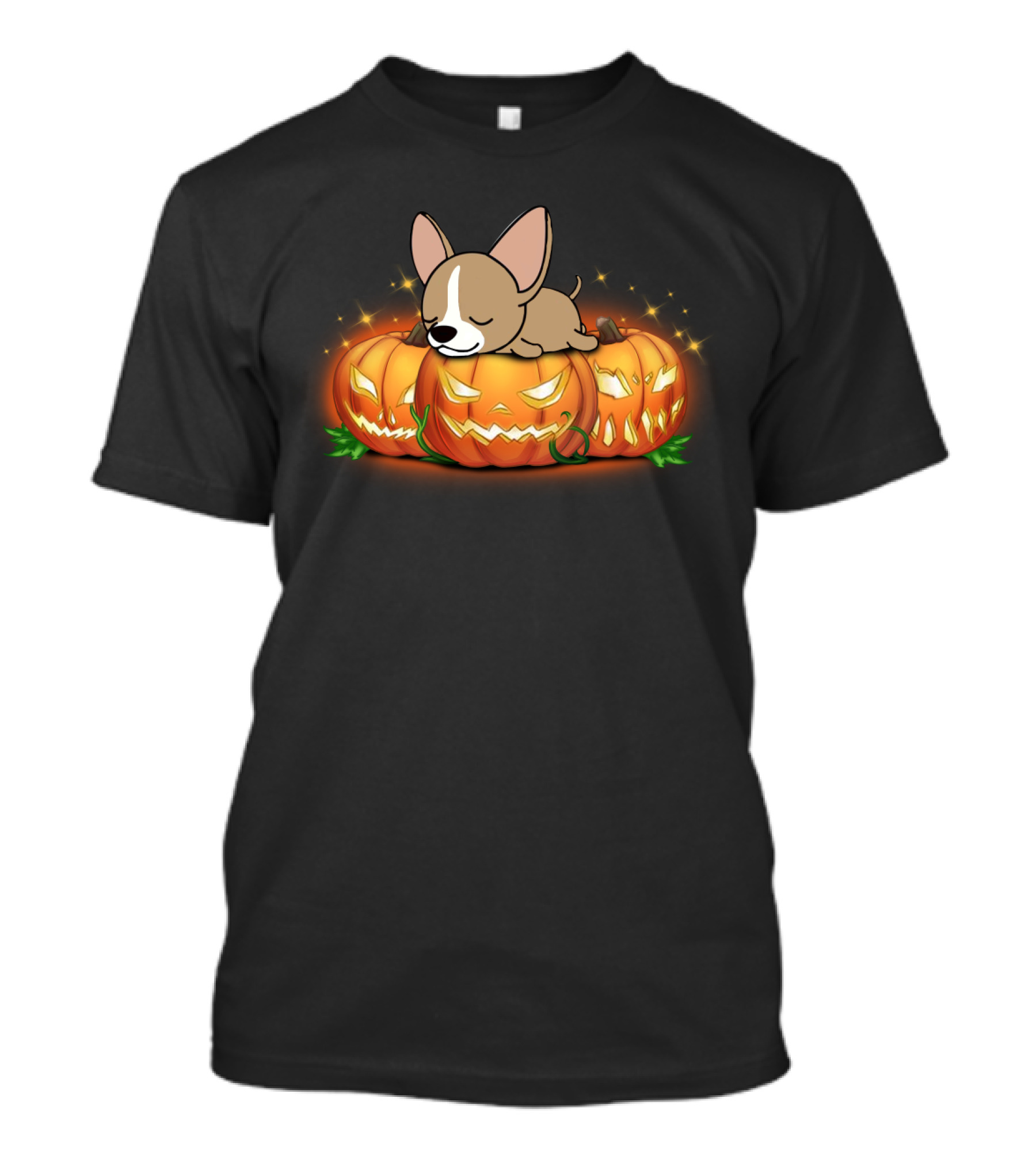 Chihuahua Sleeping On Halloween Pumpkins With Glowing Jack-O-Lanterns T-Shirt