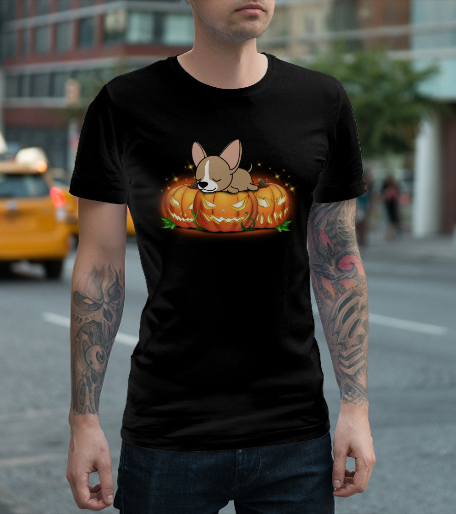 Chihuahua Sleeping on Halloween Pumpkins with Glowing Jack-O-Lanterns T-Shirt