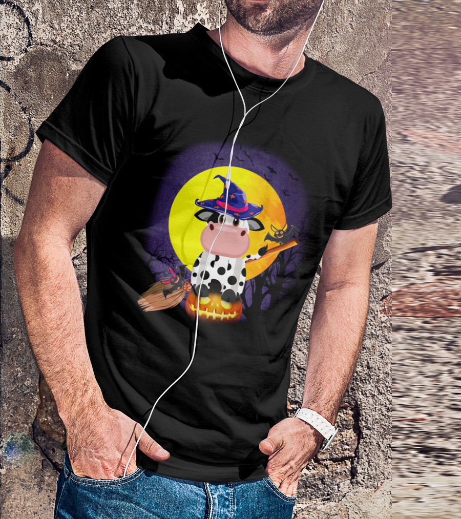 Cow Witch Spooky Halloween Full Moon Scene With Pumpkin And Broomstick T-Shirt