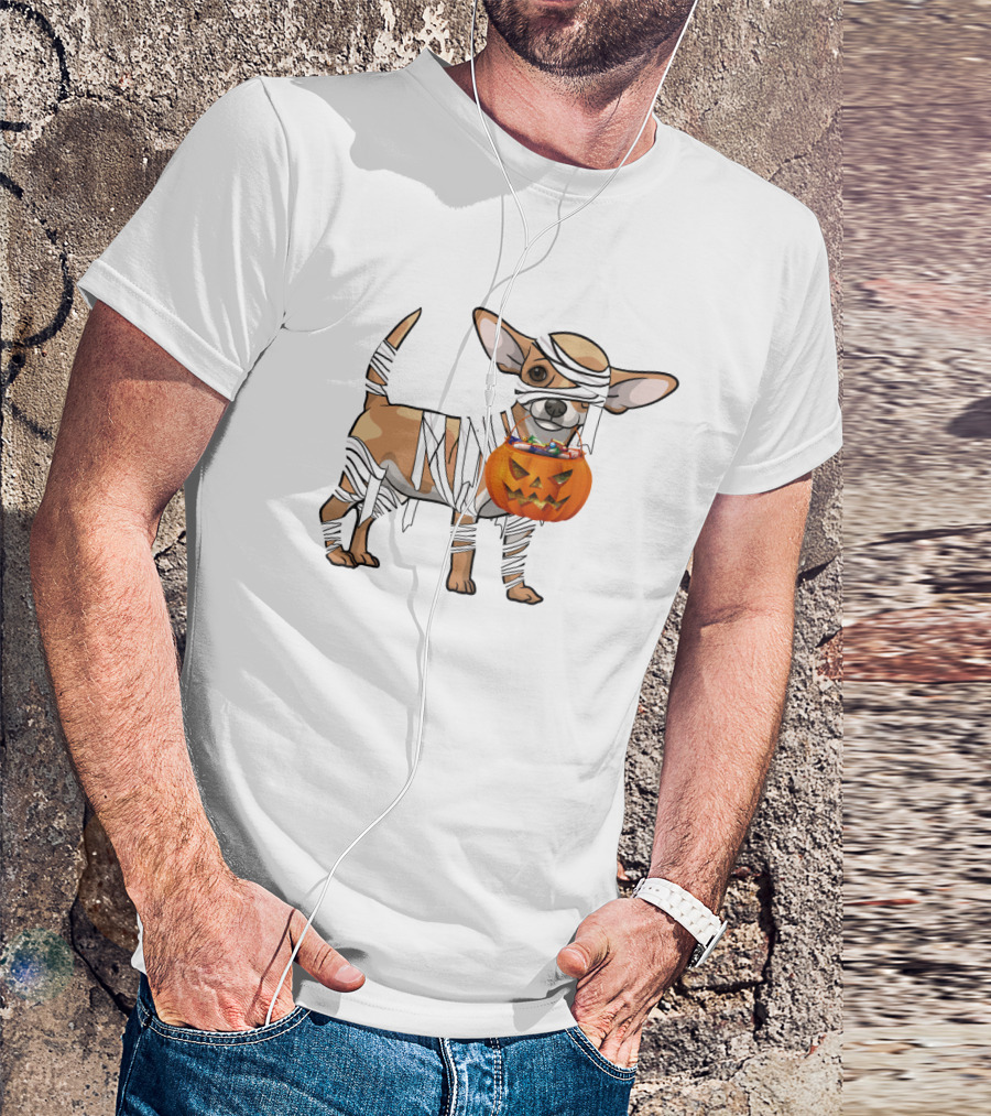 Halloween Wrapped Chihuahua With Pumpkin Bucket T-Shirt