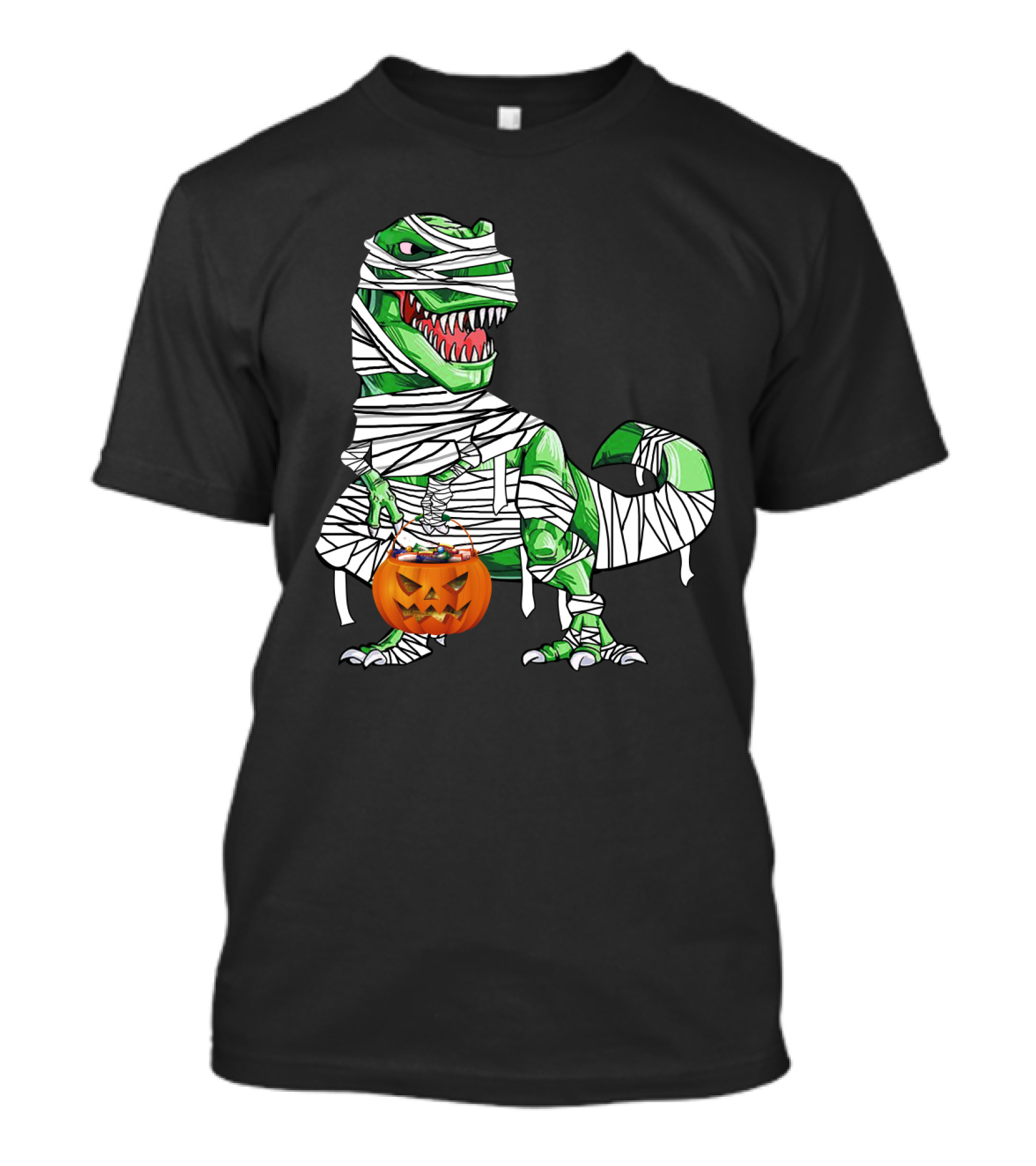 Halloween Pumpkin Mummy Dinosaur With Candy Bucket T-Shirt