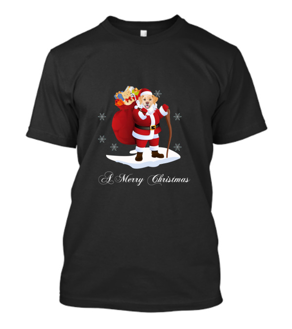 Golden Retriever Santa With Sack Of Gifts And Snowflakes A Merry Christmas T-Shirt