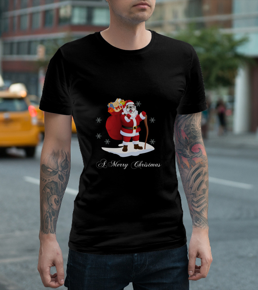 A Merry Christmas Bulldog Santa With Gifts And Snowflakes T-Shirt