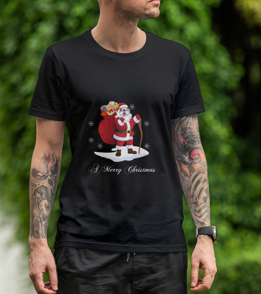A Merry Christmas Bulldog Santa With Gifts And Snowflakes T-Shirt