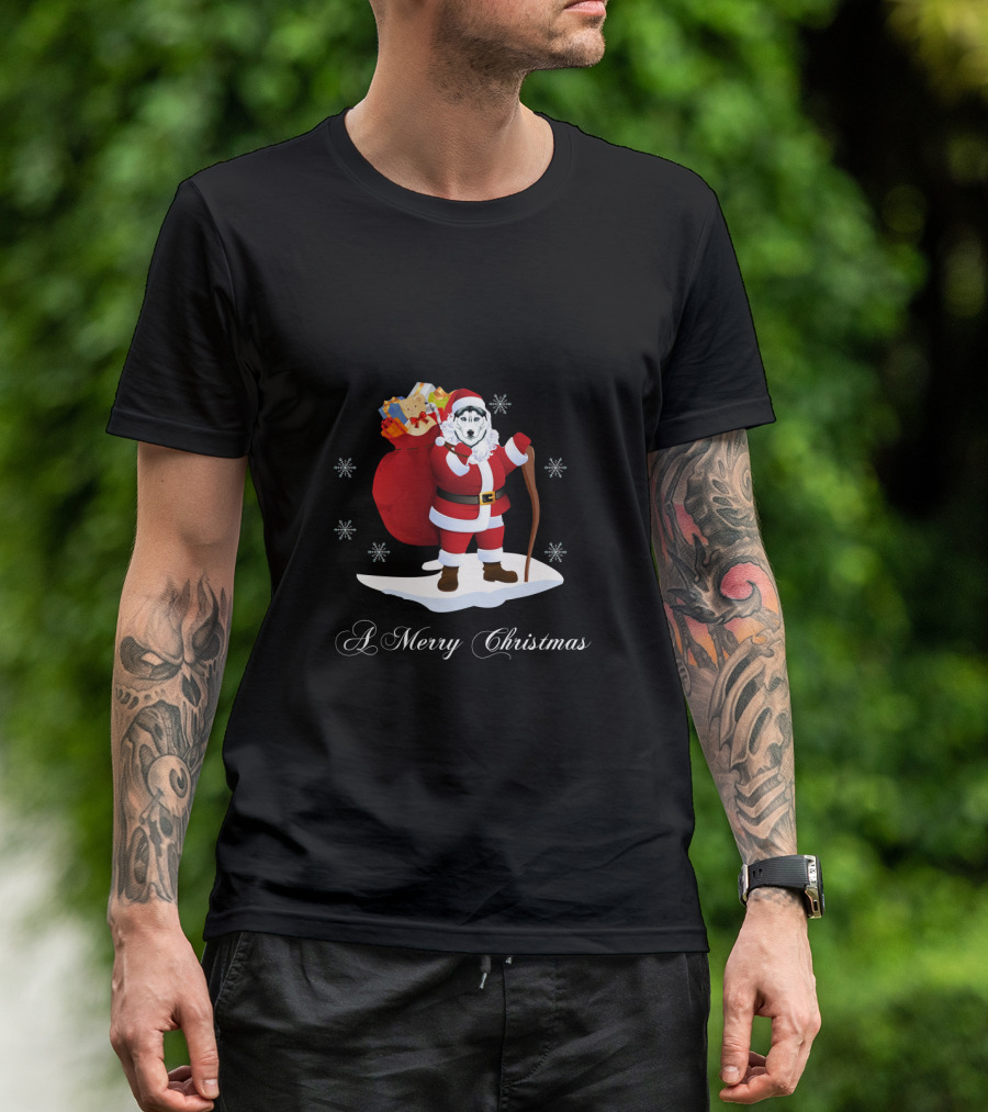 Santa Husky With Gift Sack And Snowflakes 'A Merry Christmas' T-Shirt