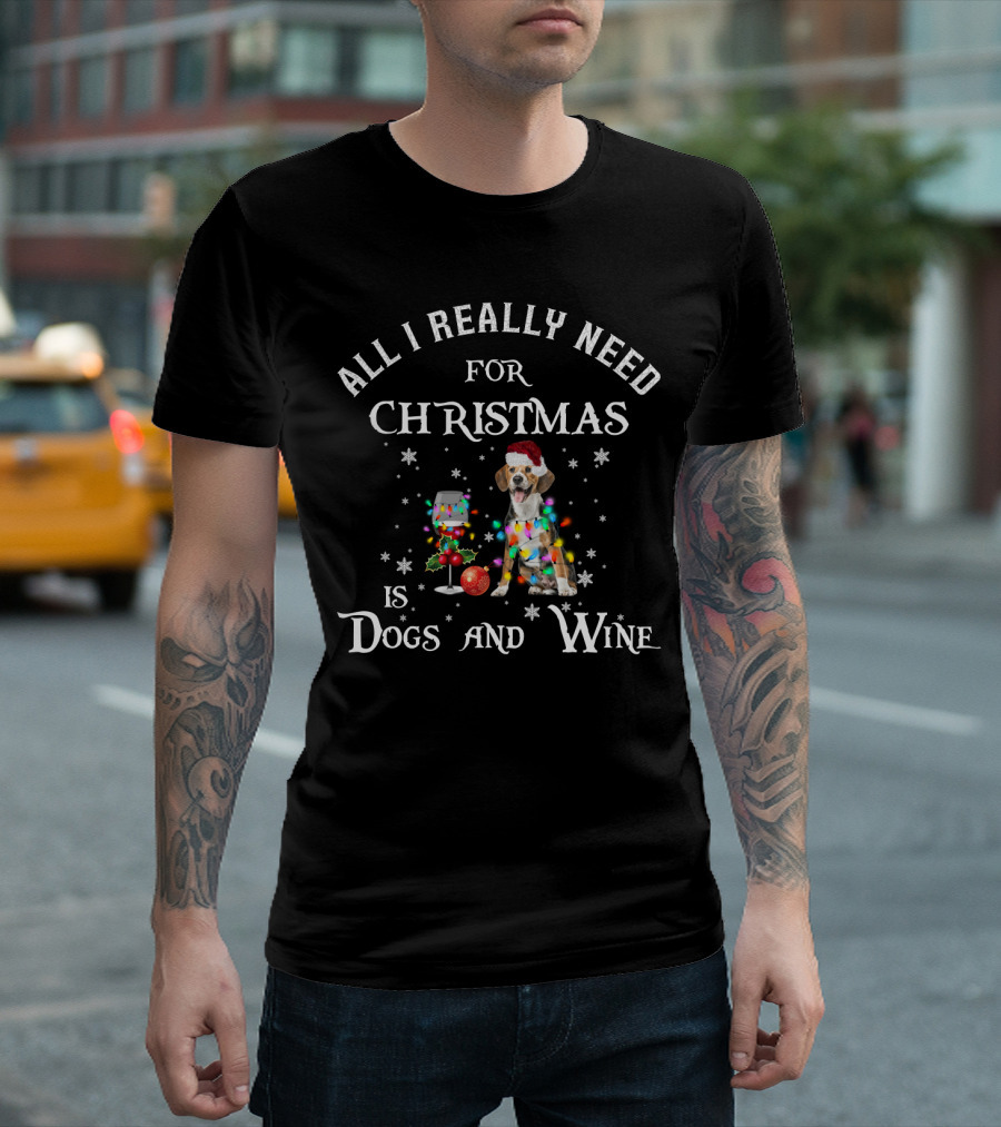 All I Really Need For Christmas Is Dogs And Wine Beagle Holiday Lights Santa Hat T-Shirt