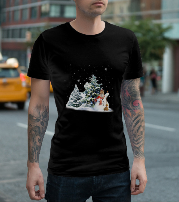 Alpaca Snowman In Winter Forest With Falling Snowflakes T-Shirt