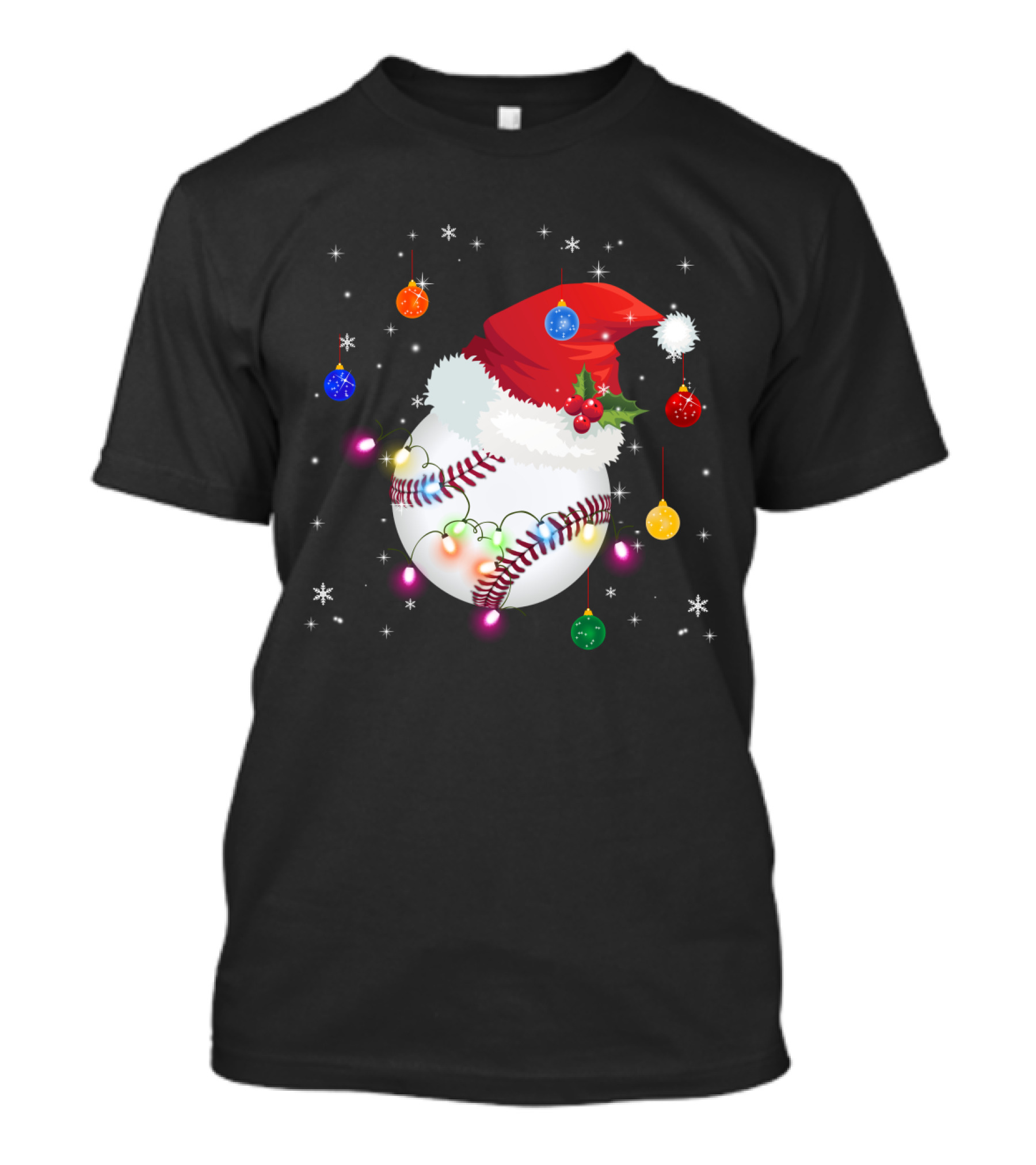 Santa Hat Baseball Christmas Ornaments Holiday Lights Snowflakes T-Shirt