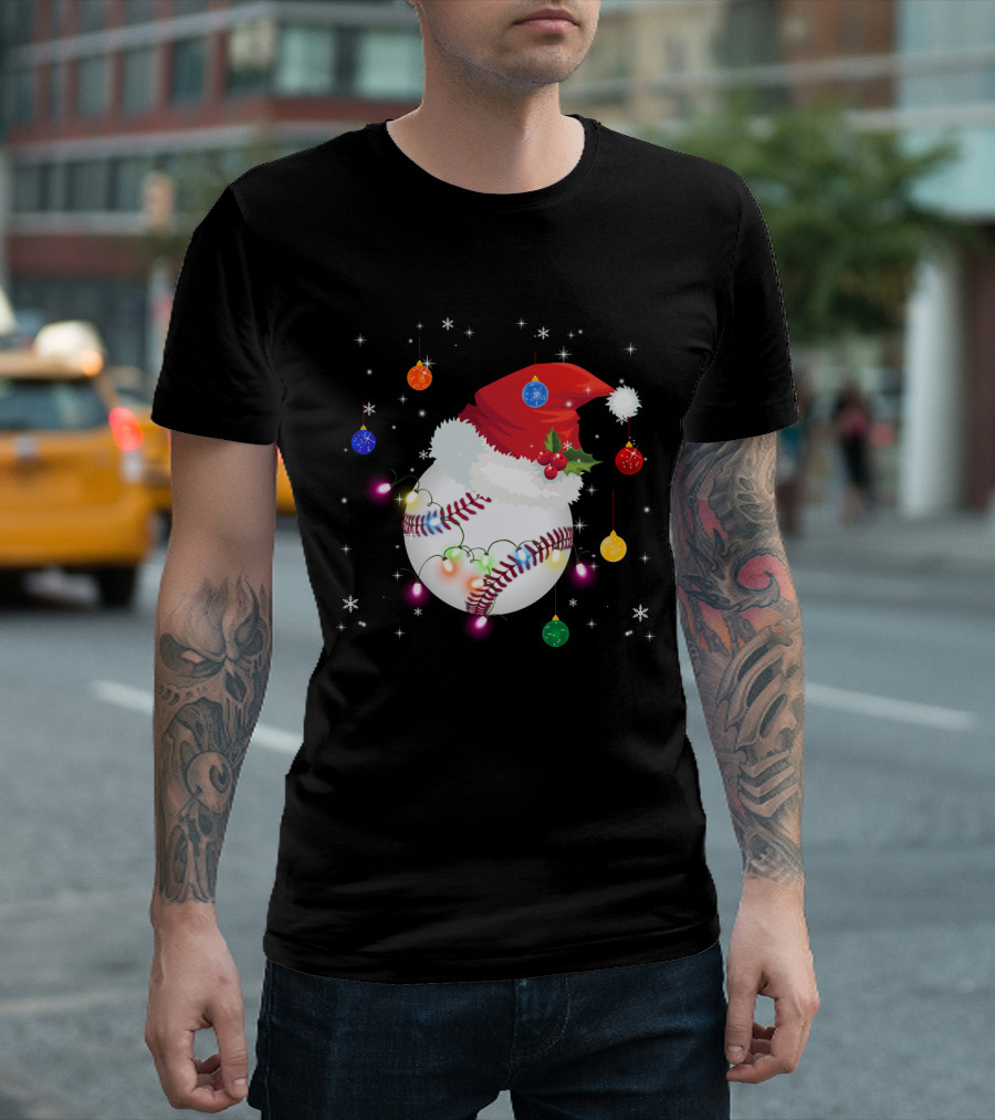Santa Hat Baseball Christmas Ornaments Holiday Lights Snowflakes T-Shirt