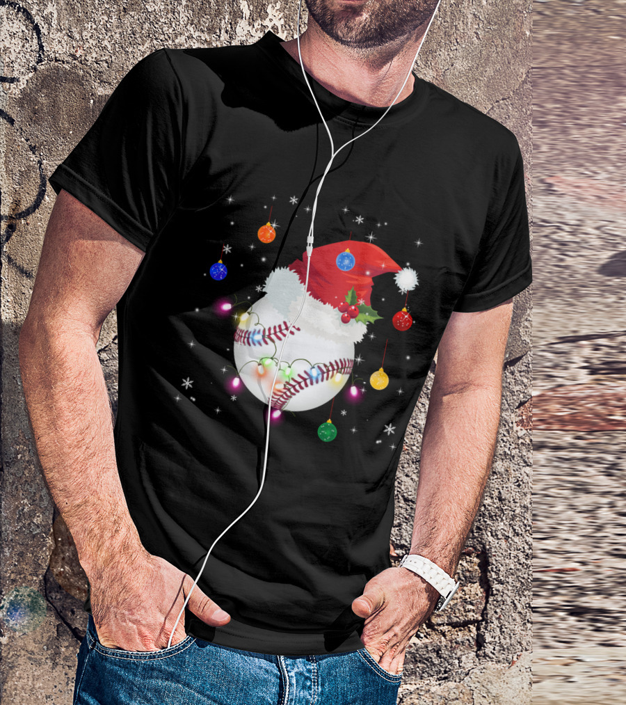 Santa Hat Baseball Christmas Ornaments Holiday Lights Snowflakes T-Shirt