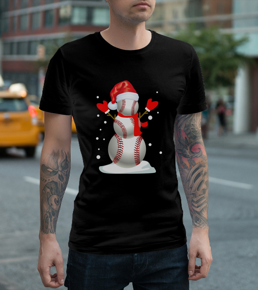Baseball-Themed Snowman with Santa Hat and Mittens Winter Holiday T-Shirt