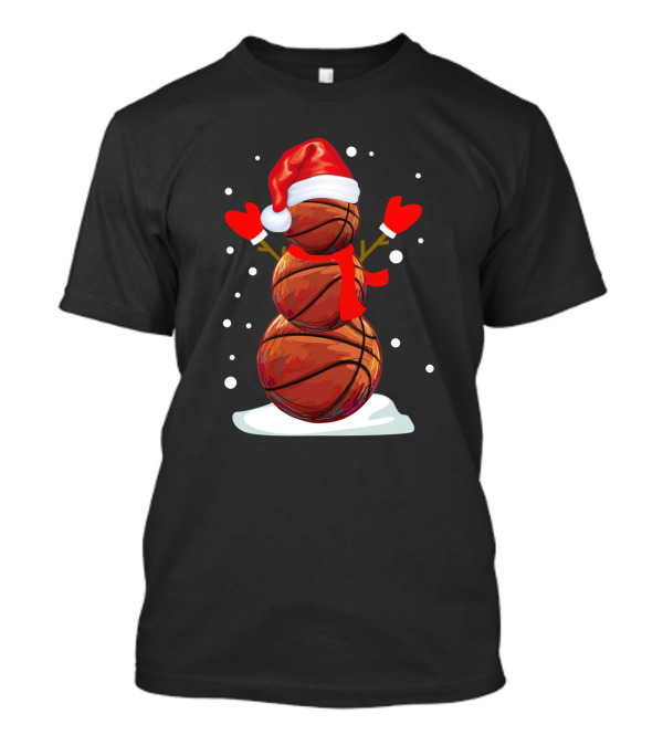 Basketball Snowman With Santa Hat And Red Mittens T-Shirt