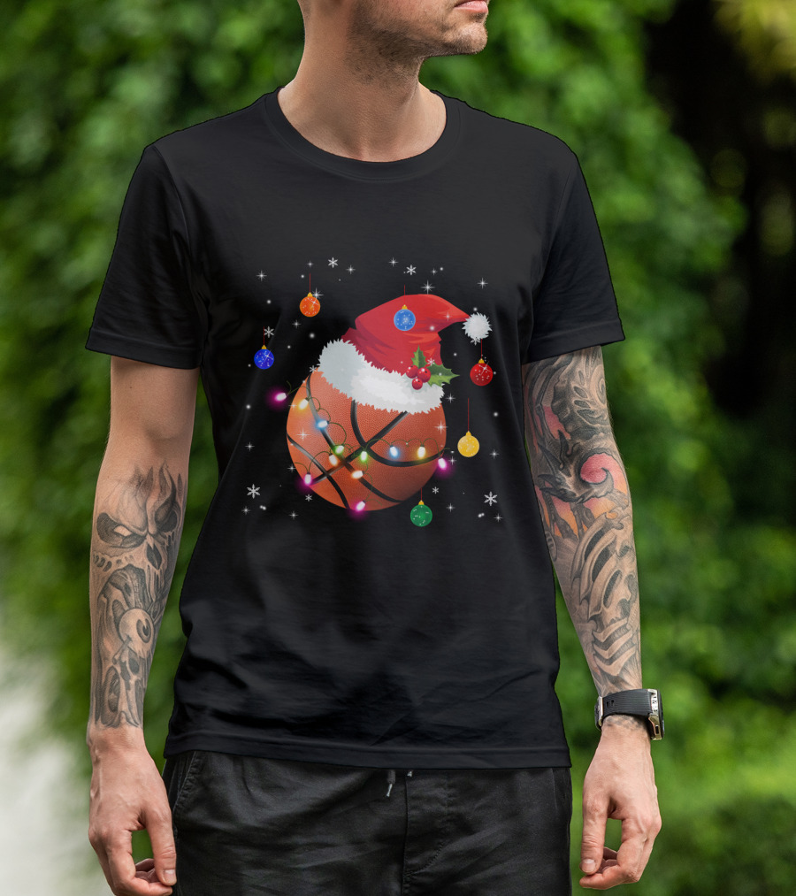 Santa Hat Basketball With Christmas Lights And Ornaments T-Shirt
