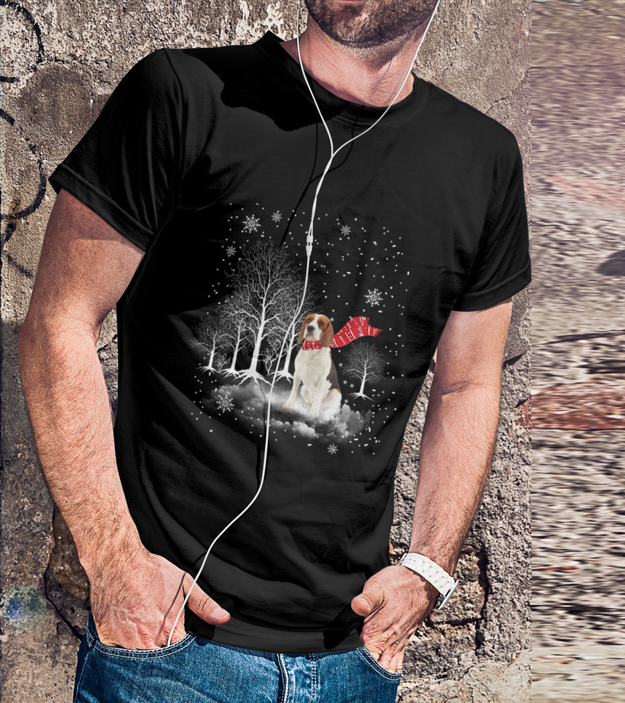 Basset Hound Winter Wonderland Snowy Trees Red Scarf T-Shirt