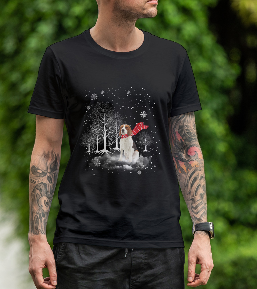 Basset Hound Winter Wonderland Snowy Trees Red Scarf T-Shirt