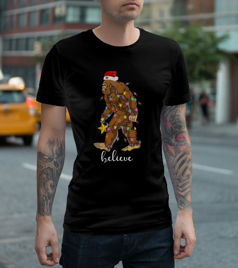 Bigfoot Christmas Lights Believe with Santa Hat and Star T-Shirt