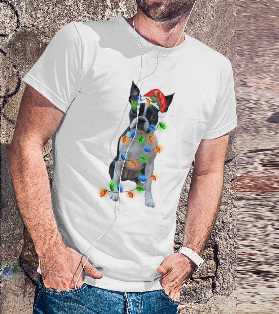 Boston Terrier With Christmas Lights And Santa Hat T-Shirt