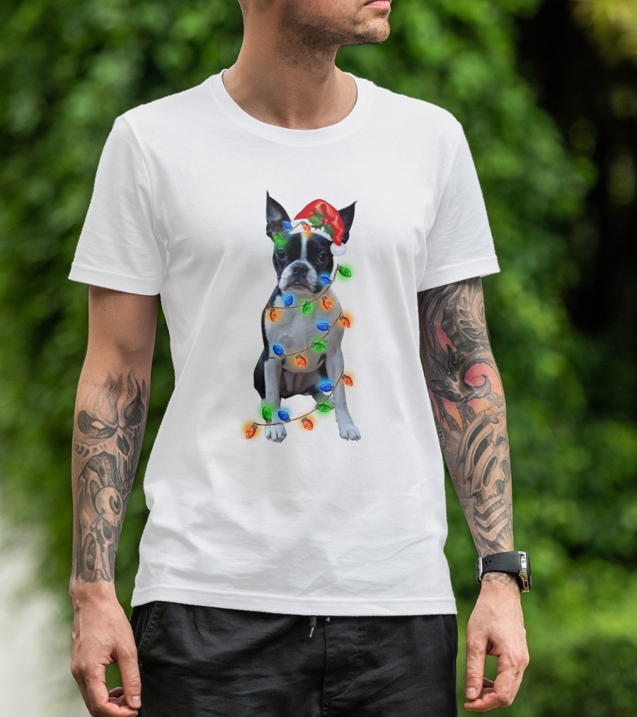 Boston Terrier With Christmas Lights And Santa Hat T-Shirt