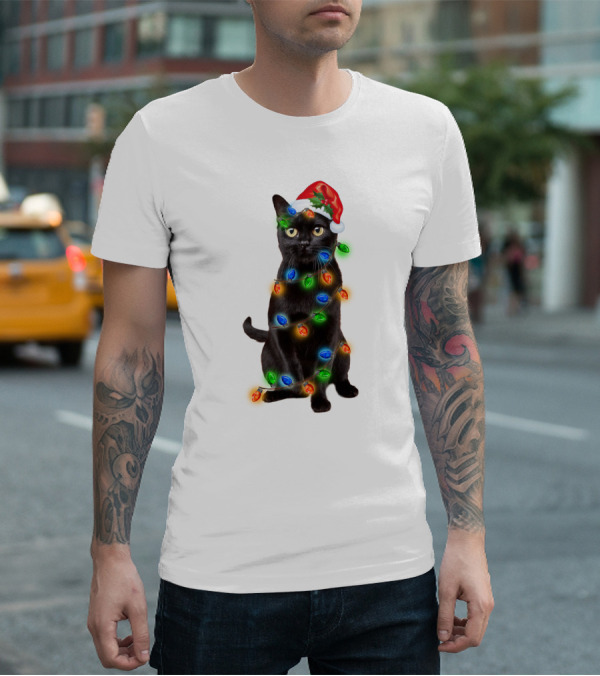 Santa Hat Black Cat Wrapped In Colorful Christmas Lights T-Shirt