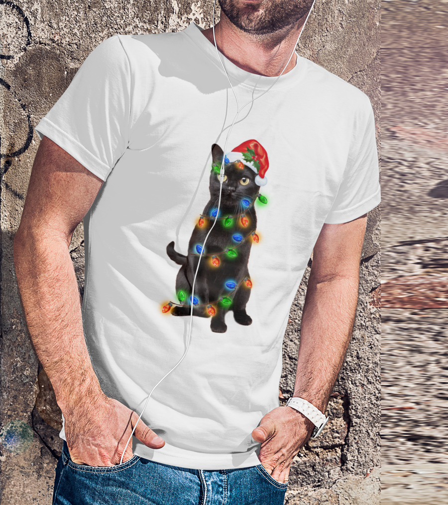 Santa Hat Black Cat Wrapped In Colorful Christmas Lights T-Shirt