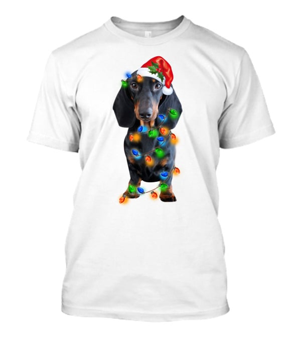 Black Dachshund Wearing Santa Hat And Wrapped In Christmas Lights T-Shirt