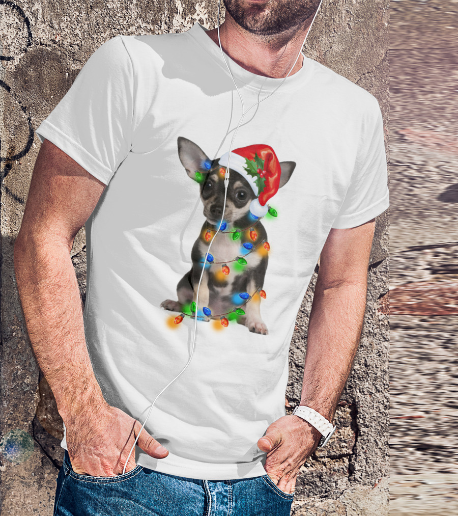 Black Chihuahua Wearing Santa Hat Wrapped In Colorful Christmas Lights T-Shirt