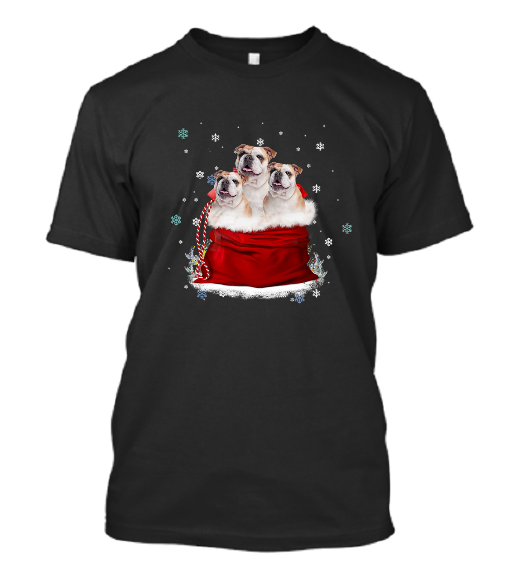 Bulldog Trio Christmas Sack Snowflakes Holiday T-Shirt