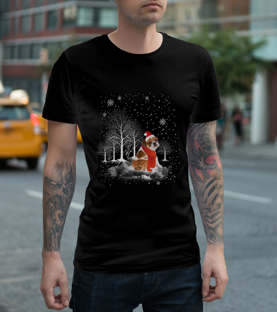 Bulldog In Snowy Forest With Santa Hat And Scarf Amidst Falling Snowflakes T-Shirt