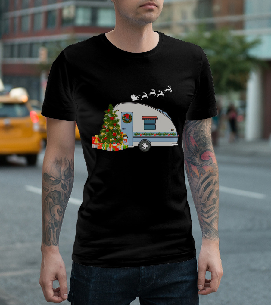 Camper Van With Christmas Tree, Snowman, Presents, And Santa Sleigh T-Shirt
