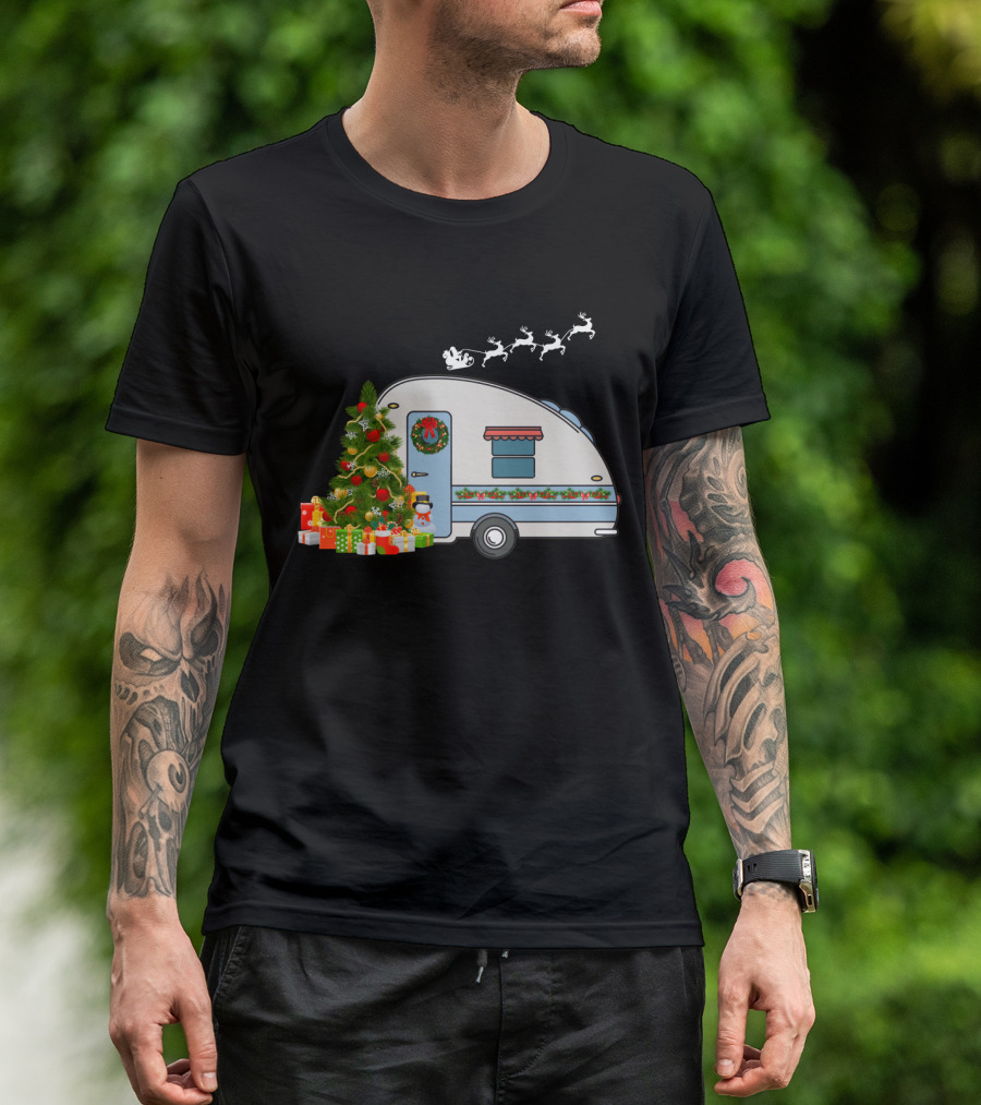 Camper Van With Christmas Tree, Snowman, Presents, And Santa Sleigh T-Shirt